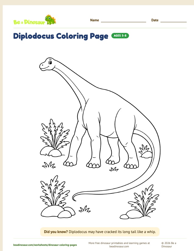 Diplodocus coloring page (free printable from Be a Dinosaur)