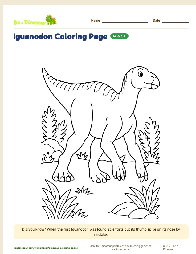 Iguanodon coloring page (free printable from Be a Dinosaur)