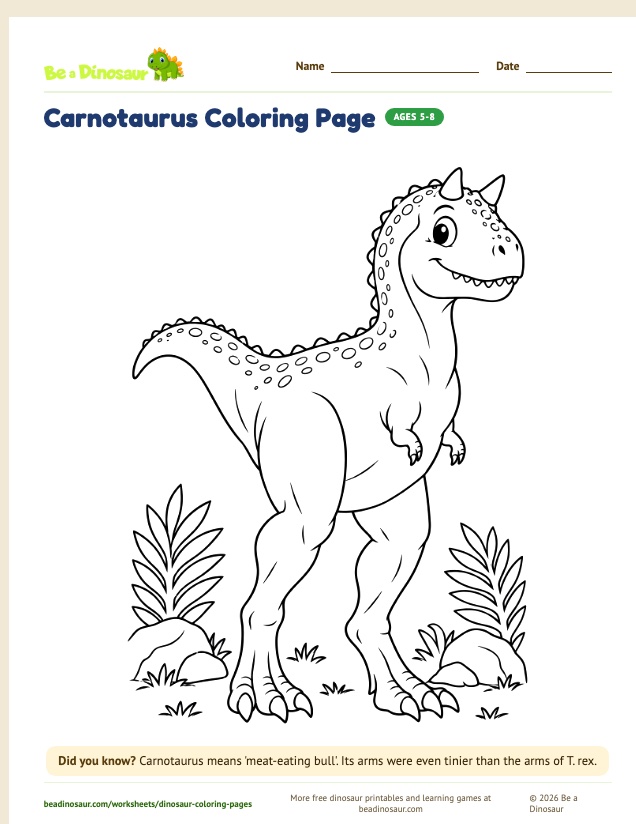 Carnotaurus coloring page (free printable from Be a Dinosaur)