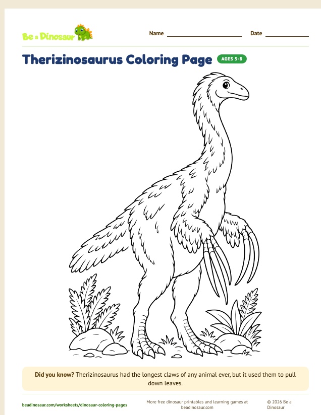 Therizinosaurus coloring page (free printable from Be a Dinosaur)