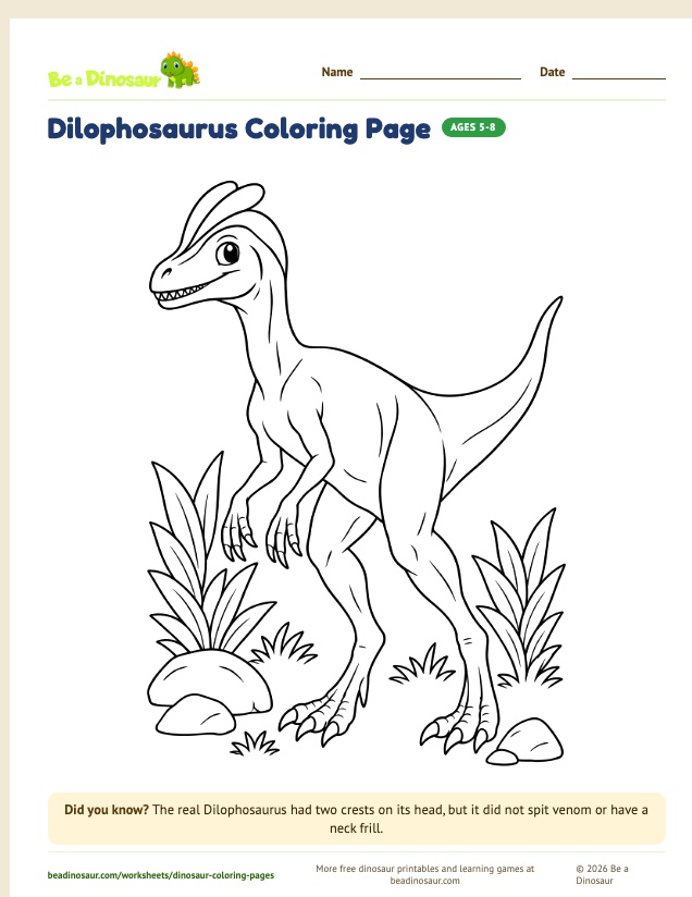 Dilophosaurus coloring page (free printable from Be a Dinosaur)