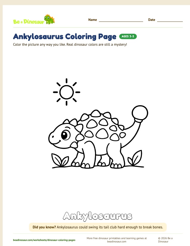 Ankylosaurus coloring page (free printable from Be a Dinosaur)