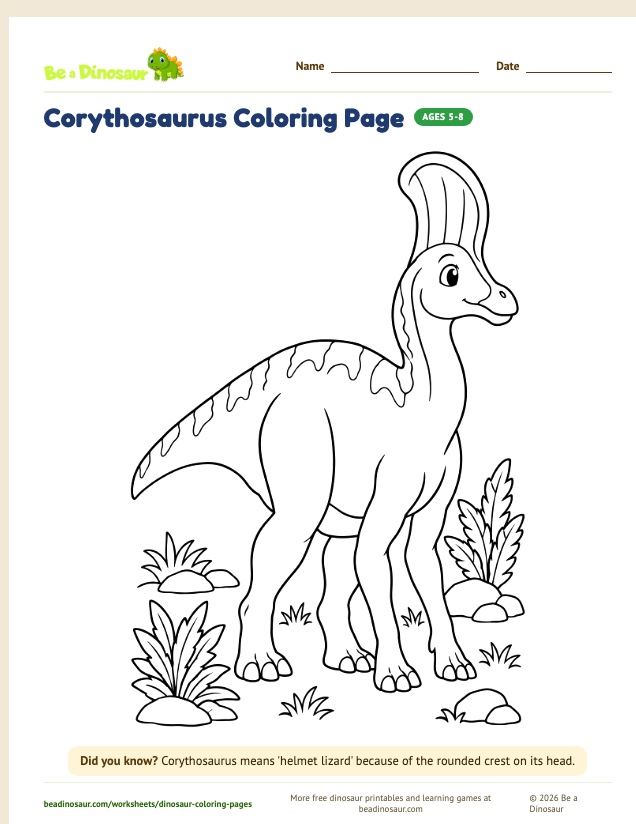 Corythosaurus coloring page (free printable from Be a Dinosaur)