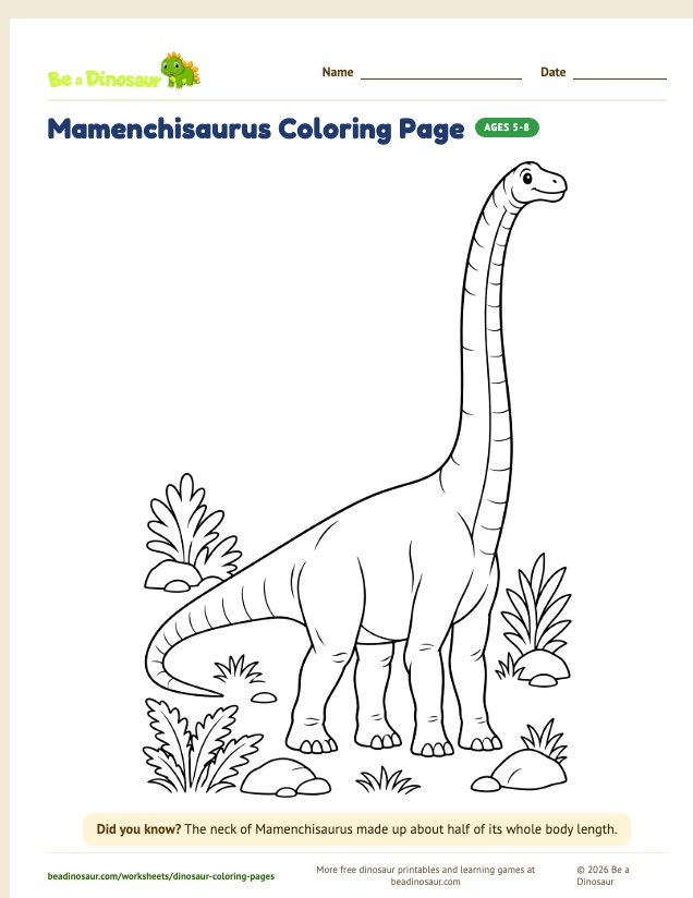 Mamenchisaurus coloring page (free printable from Be a Dinosaur)