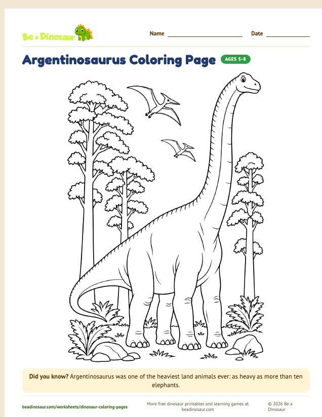 Argentinosaurus coloring page (free printable from Be a Dinosaur)