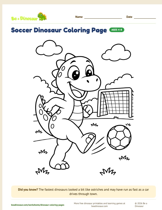 Soccer Dinosaur coloring page (free printable from Be a Dinosaur)