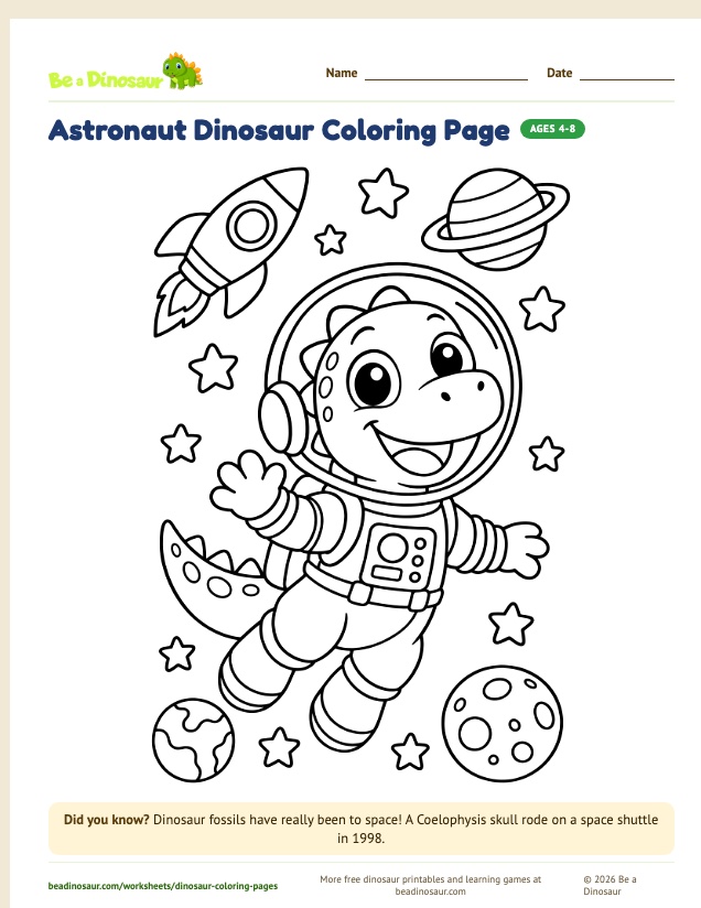 Astronaut Dinosaur coloring page (free printable from Be a Dinosaur)