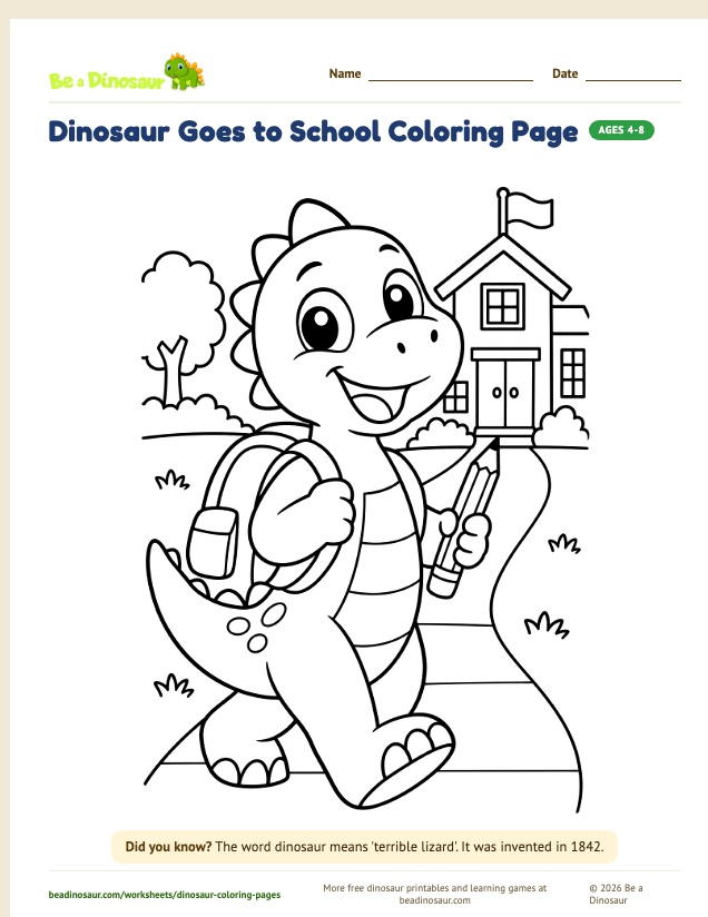Dinosaur Goes to School coloring page (free printable from Be a Dinosaur)