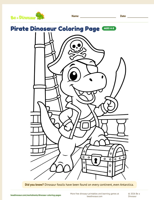 Pirate Dinosaur coloring page (free printable from Be a Dinosaur)
