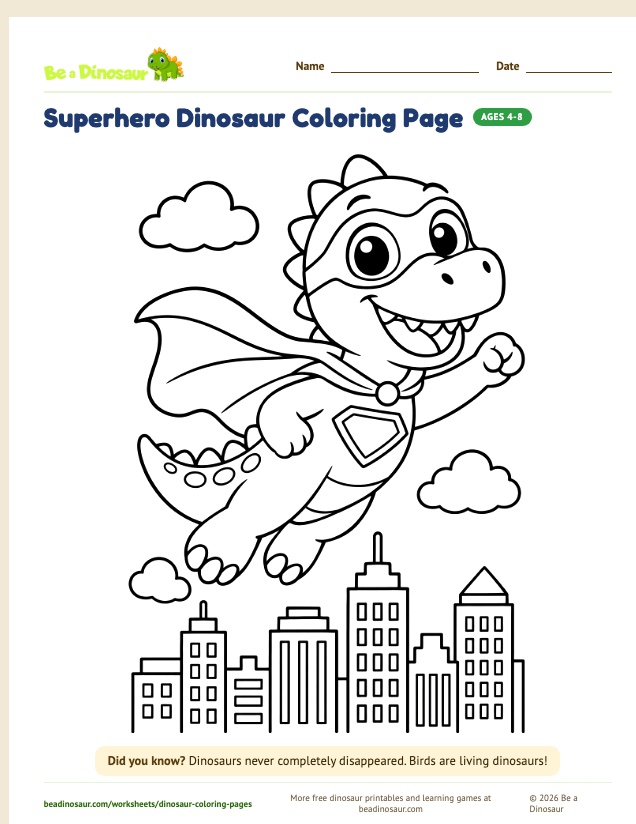 Superhero Dinosaur coloring page (free printable from Be a Dinosaur)