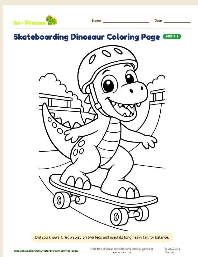 Skateboarding Dinosaur coloring page (free printable from Be a Dinosaur)