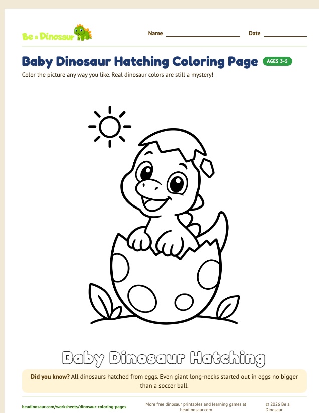 Baby Dinosaur Hatching coloring page (free printable from Be a Dinosaur)