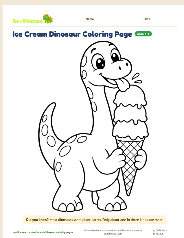 Ice Cream Dinosaur coloring page (free printable from Be a Dinosaur)