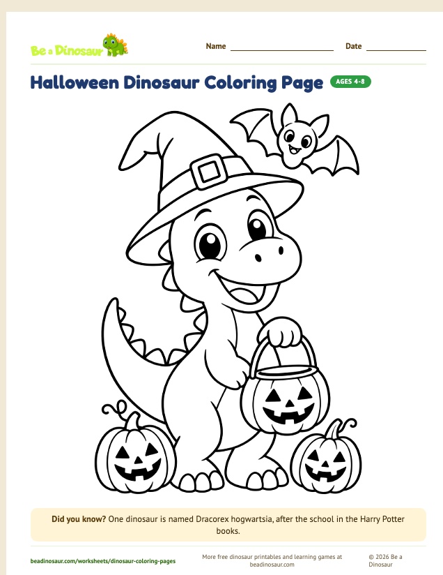 Halloween dinosaur coloring page: a smiling dinosaur in a witch hat holding a pumpkin bucket