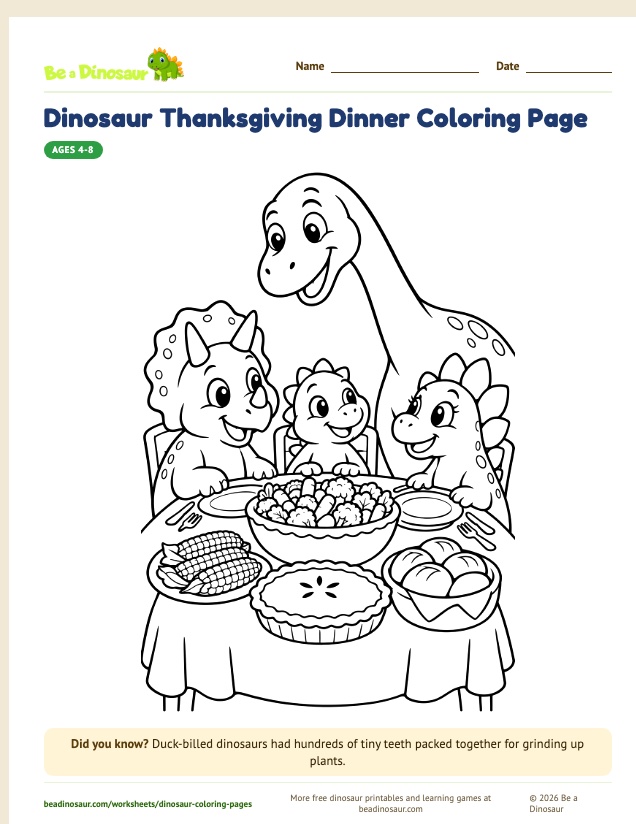 Dinosaur Thanksgiving Dinner coloring page (free printable from Be a Dinosaur)
