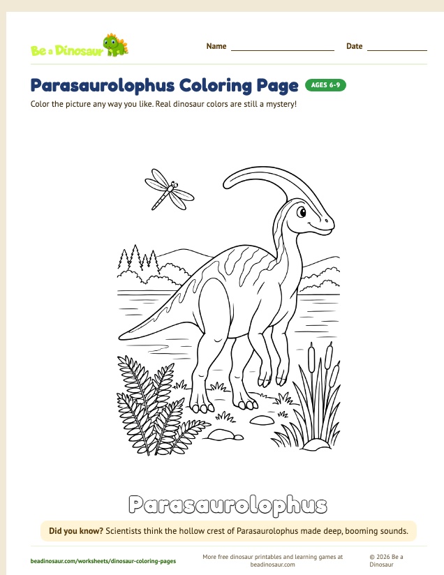 Parasaurolophus coloring page (free printable from Be a Dinosaur)