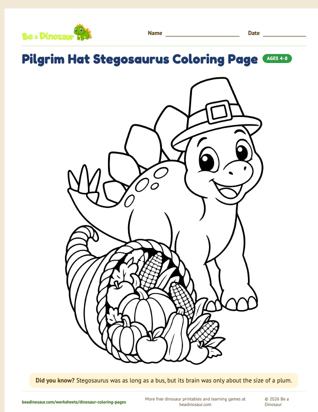 Pilgrim Hat Stegosaurus coloring page (free printable from Be a Dinosaur)