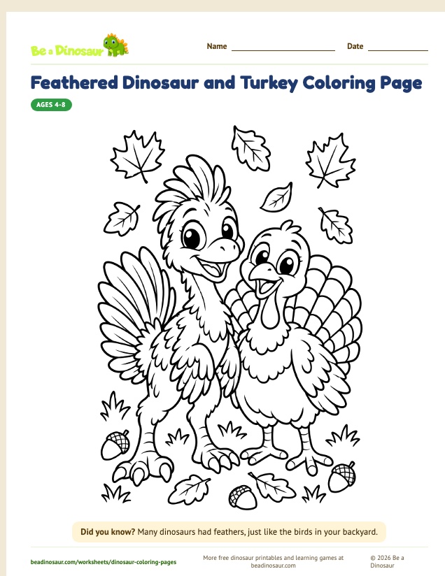 Feathered Dinosaur and Turkey coloring page (free printable from Be a Dinosaur)