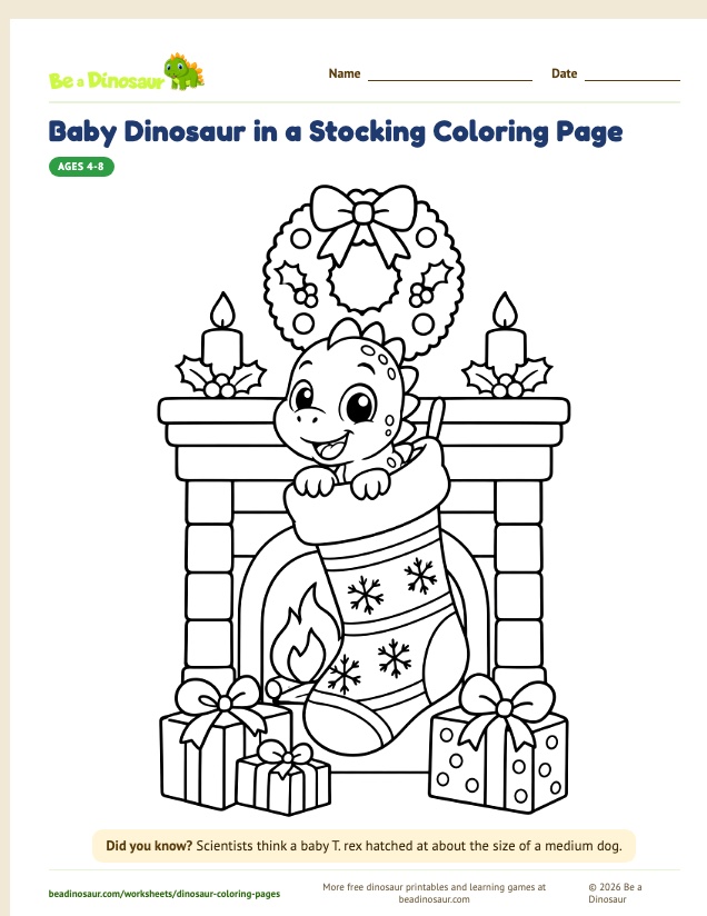Baby Dinosaur in a Stocking coloring page (free printable from Be a Dinosaur)