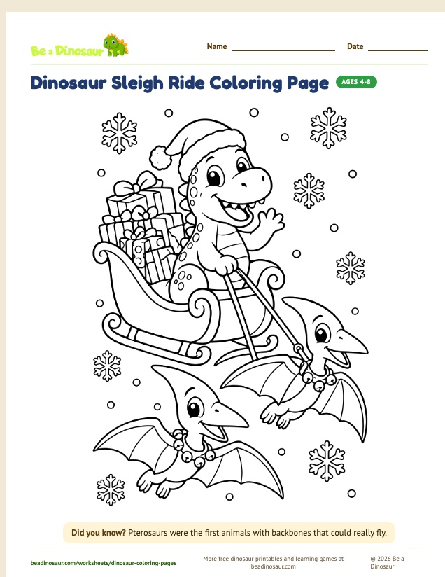Dinosaur Sleigh Ride coloring page (free printable from Be a Dinosaur)