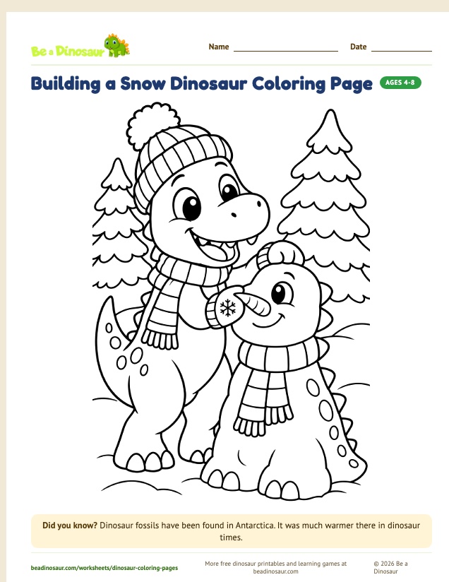 Building a Snow Dinosaur coloring page (free printable from Be a Dinosaur)