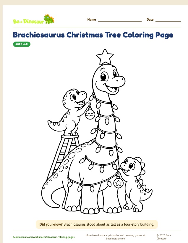 Brachiosaurus Christmas Tree coloring page (free printable from Be a Dinosaur)