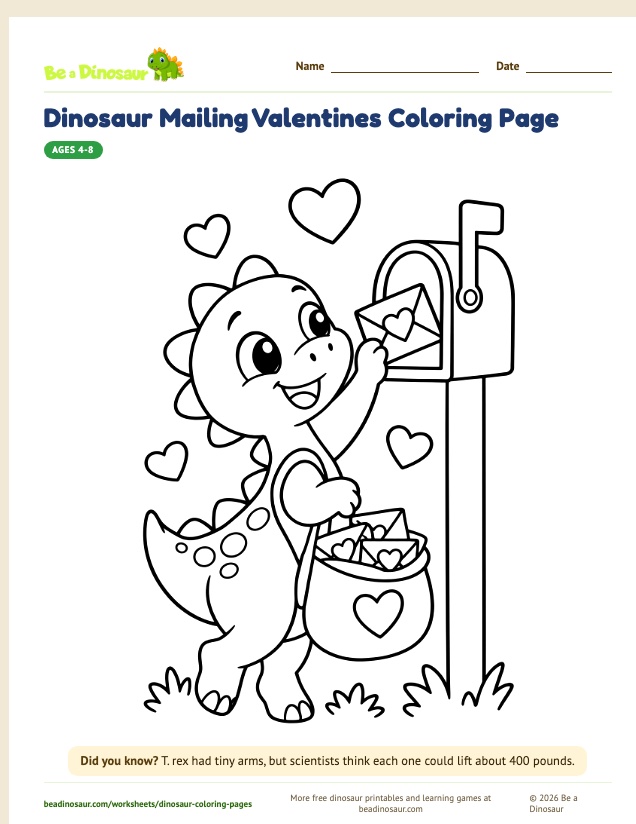 Dinosaur Mailing Valentines coloring page (free printable from Be a Dinosaur)