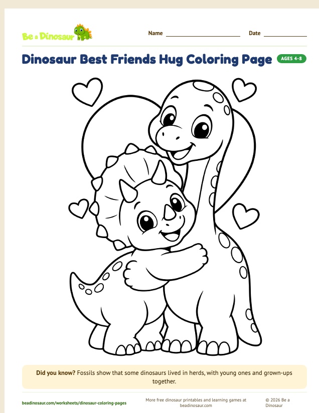 Dinosaur Best Friends Hug coloring page (free printable from Be a Dinosaur)