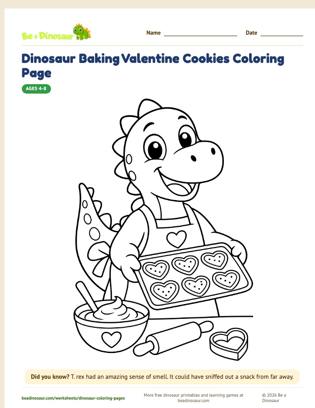 Dinosaur Baking Valentine Cookies coloring page (free printable from Be a Dinosaur)
