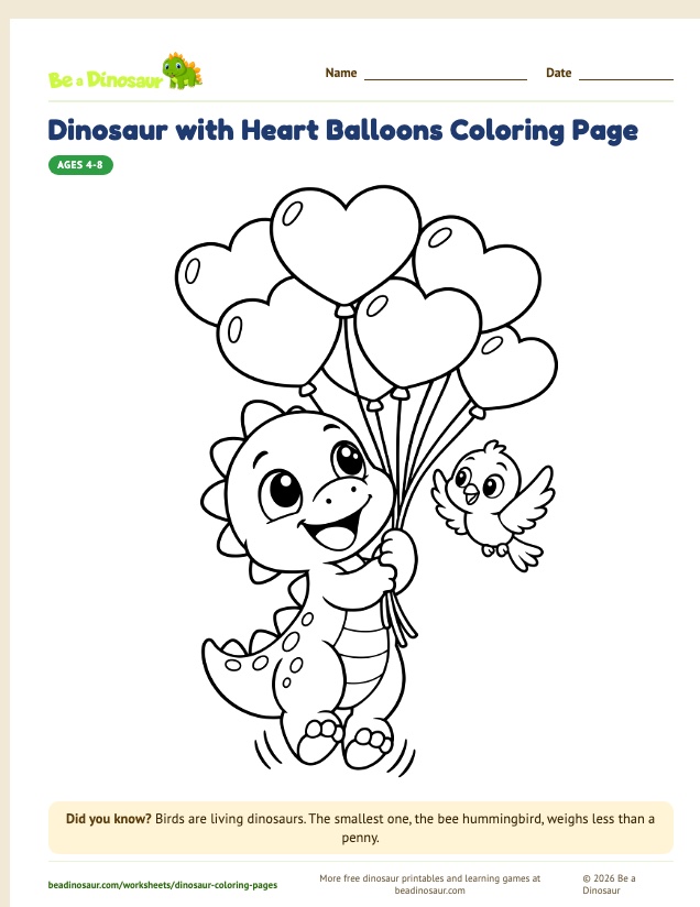 Dinosaur with Heart Balloons coloring page (free printable from Be a Dinosaur)