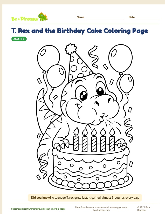 T. Rex and the Birthday Cake coloring page (free printable from Be a Dinosaur)