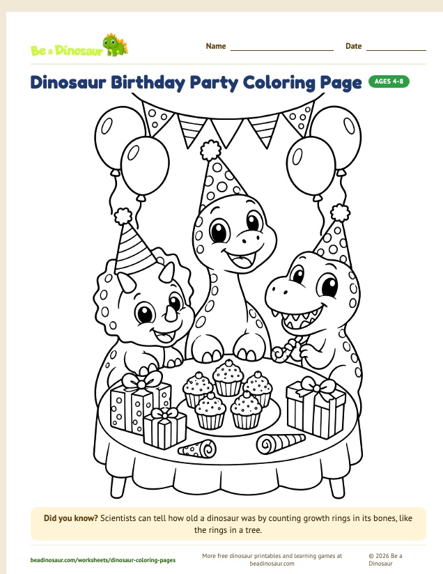 Dinosaur Birthday Party coloring page (free printable from Be a Dinosaur)