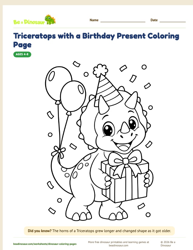 Triceratops with a Birthday Present coloring page (free printable from Be a Dinosaur)