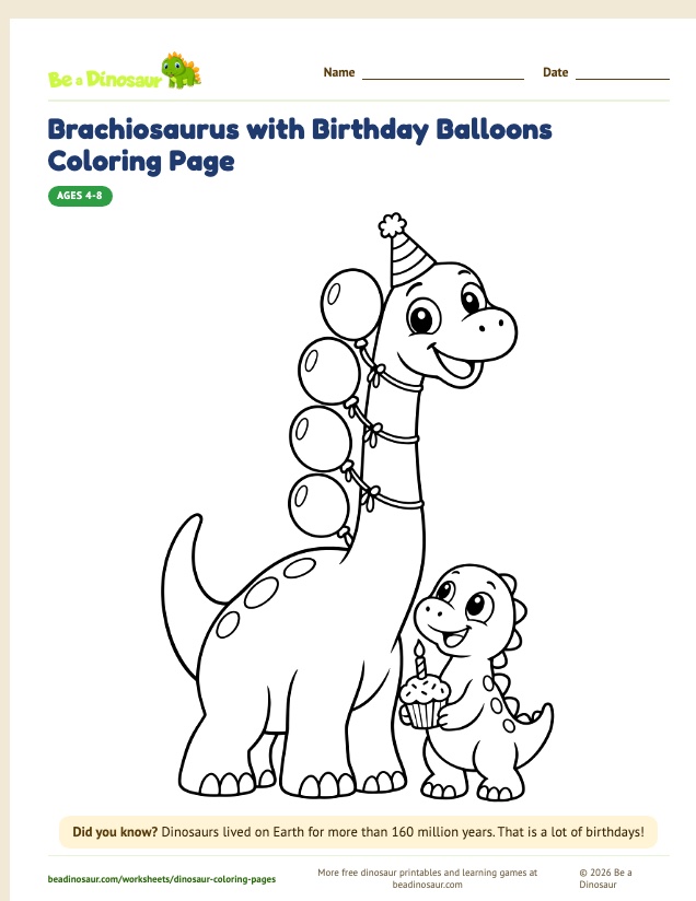 Brachiosaurus with Birthday Balloons coloring page (free printable from Be a Dinosaur)
