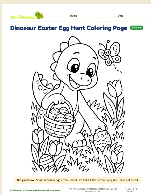 Dinosaur Easter Egg Hunt coloring page (free printable from Be a Dinosaur)