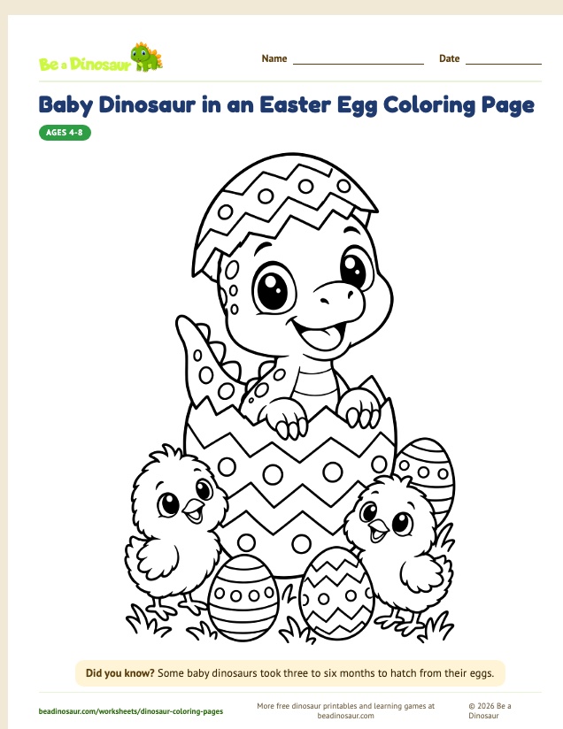 Baby Dinosaur in an Easter Egg coloring page (free printable from Be a Dinosaur)
