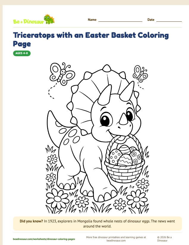 Triceratops with an Easter Basket coloring page (free printable from Be a Dinosaur)