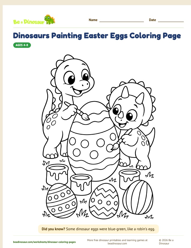 Dinosaurs Painting Easter Eggs coloring page (free printable from Be a Dinosaur)
