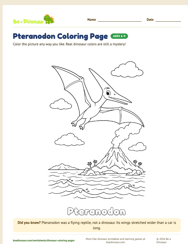 Pteranodon coloring page (free printable from Be a Dinosaur)