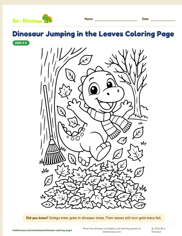 Dinosaur Jumping in the Leaves coloring page (free printable from Be a Dinosaur)
