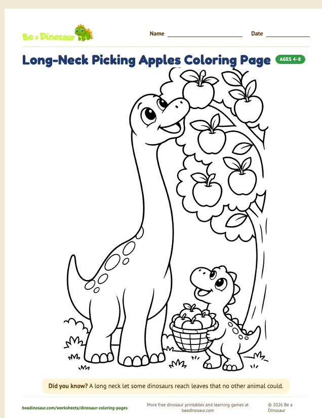 Long-Neck Picking Apples coloring page (free printable from Be a Dinosaur)