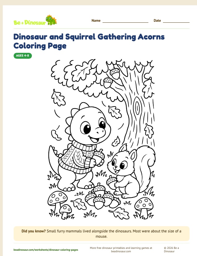 Dinosaur and Squirrel Gathering Acorns coloring page (free printable from Be a Dinosaur)