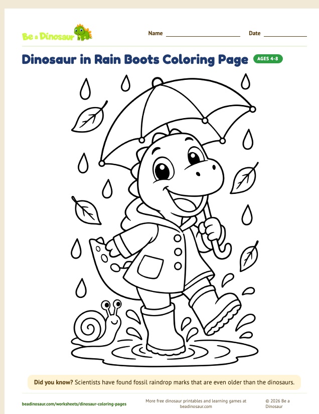 Dinosaur in Rain Boots coloring page (free printable from Be a Dinosaur)