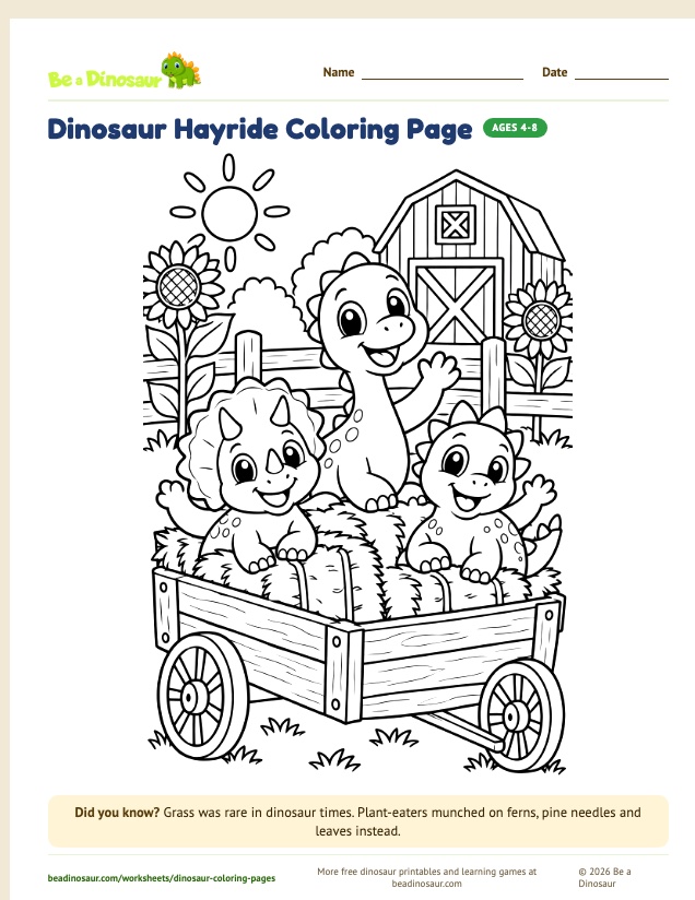 Dinosaur Hayride coloring page (free printable from Be a Dinosaur)