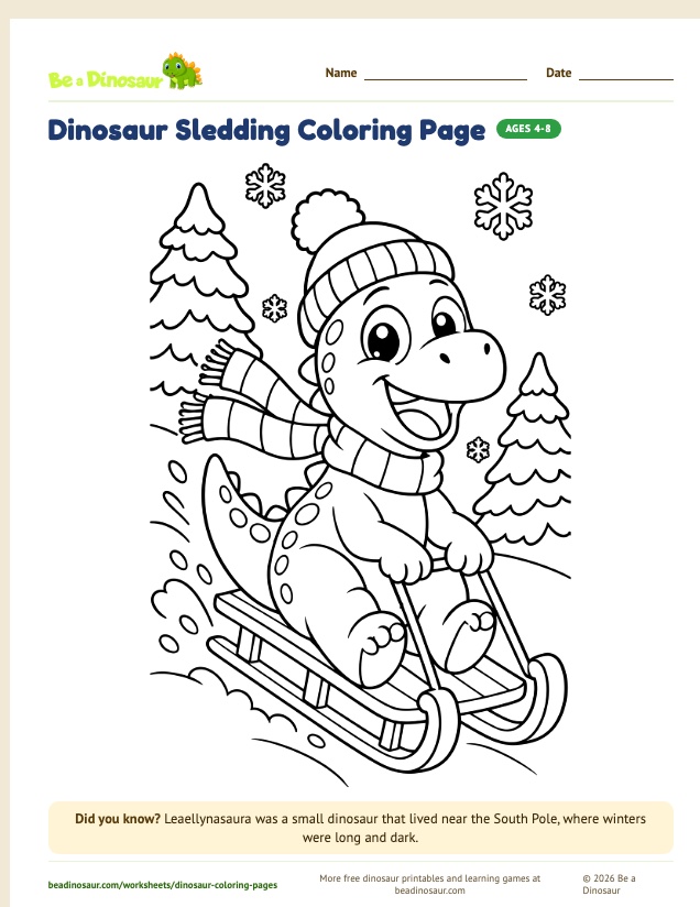 Dinosaur Sledding coloring page (free printable from Be a Dinosaur)