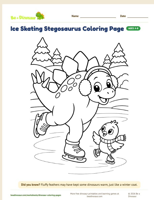 Ice Skating Stegosaurus coloring page (free printable from Be a Dinosaur)
