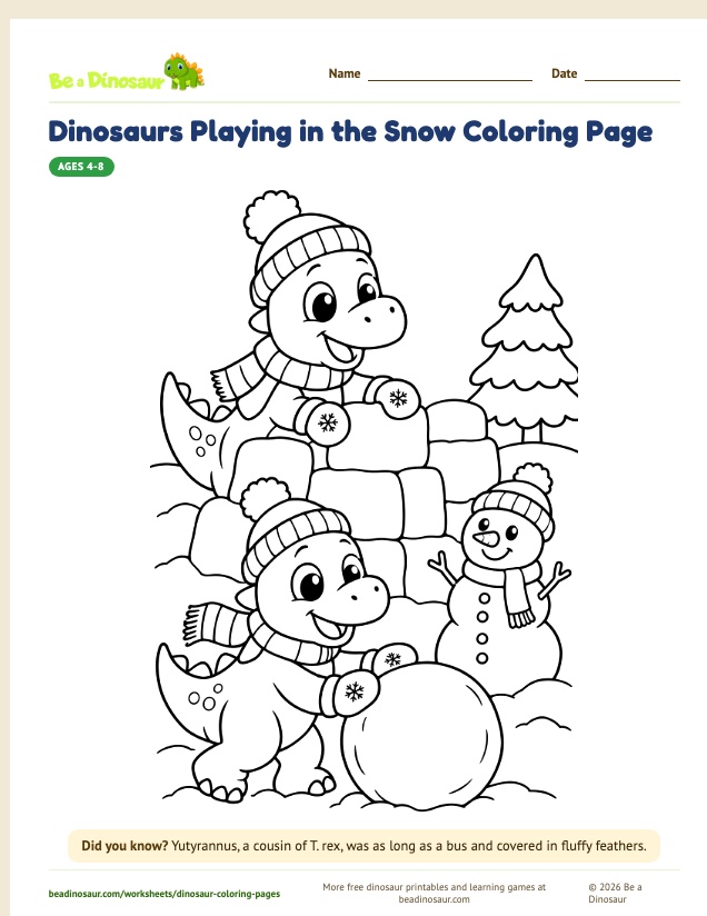 Dinosaurs Playing in the Snow coloring page (free printable from Be a Dinosaur)