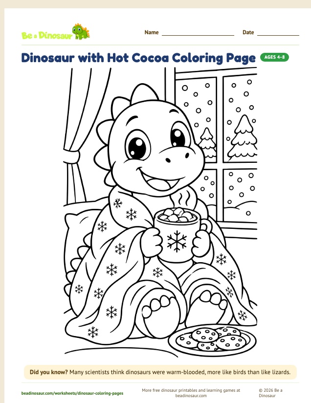 Dinosaur with Hot Cocoa coloring page (free printable from Be a Dinosaur)