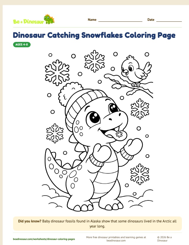 Dinosaur Catching Snowflakes coloring page (free printable from Be a Dinosaur)