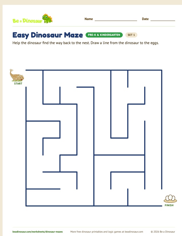 Easy Dinosaur Maze worksheet, set 1 (free printable from Be a Dinosaur)